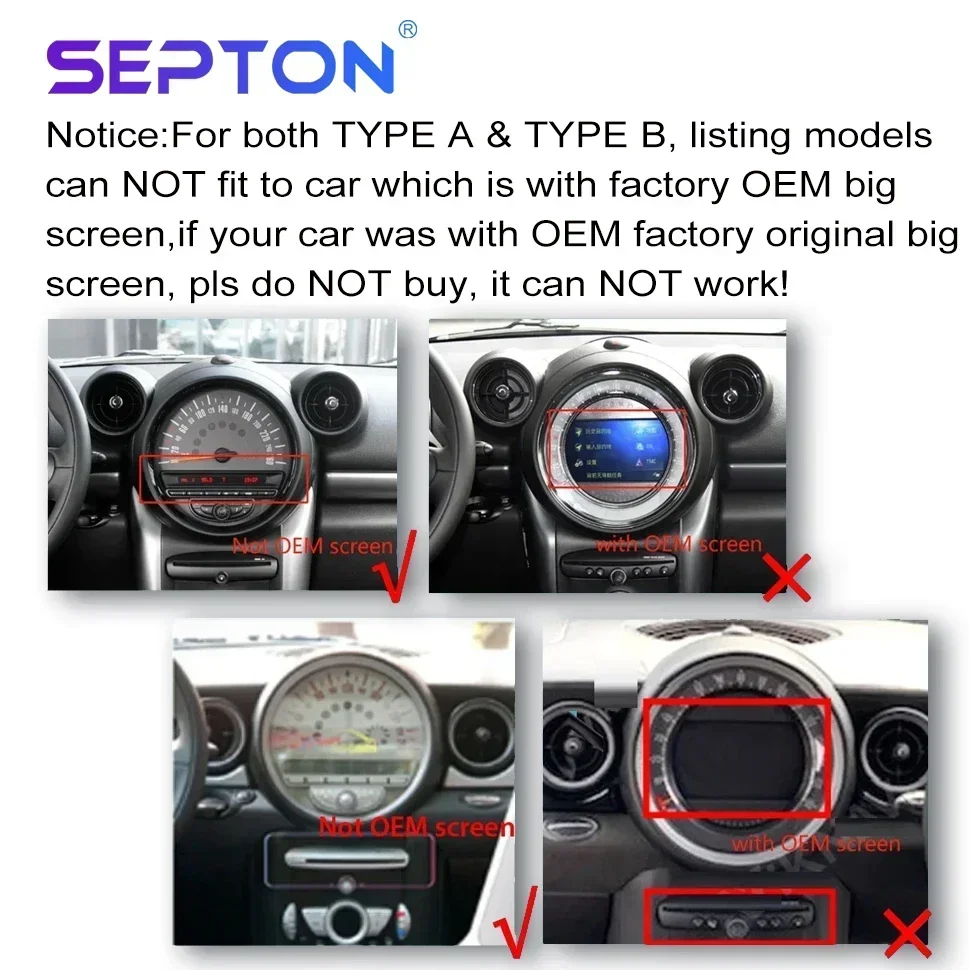 SEPTON Carplay Android Car Radio Stereo for BMW Mini Cooper R56 R60 R51 2006-2014 Multimedia Player Vehicle Audio Installation