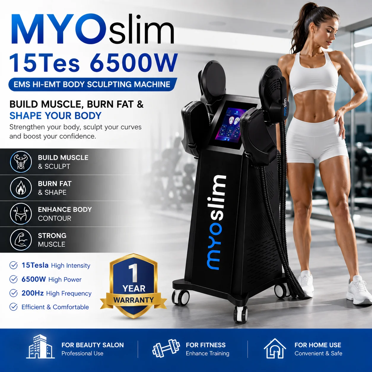 Appareil de Sculpture Corporelle EMS Professionnel pour Entraînement Musculaire et Équipement de Beauté pour Spa, Salon, Salle de Sport, Centre de Fitness MYOslim 15Tes 6500W