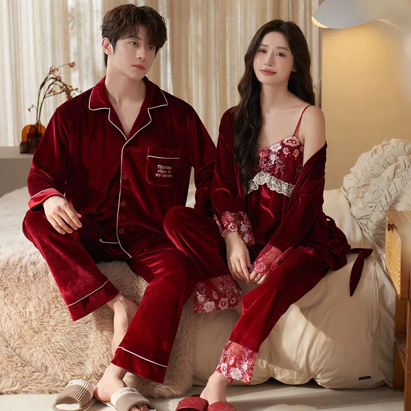 Burgundy Pajama Wedding Couple Set High-end Red Gold Velvet Autumn and Winter Men\'s and Women\'s Three Piece Set