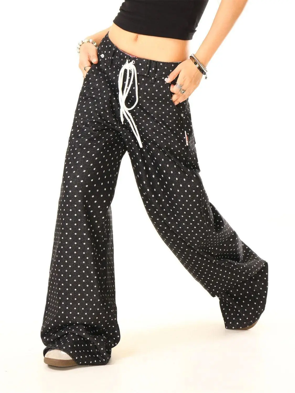 Jean noir personnalisé imprimé rétro à pois pour femmes, pantalon en Denim à jambes larges, Style Hip-hop, taille haute, pantalon de rue