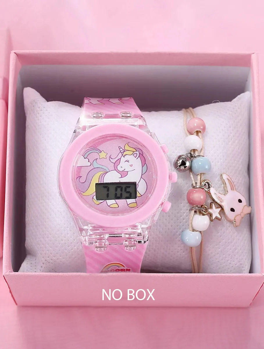 2PCS cute fashion silicone unicorn digital watch with rabbit bell rope birthday gift