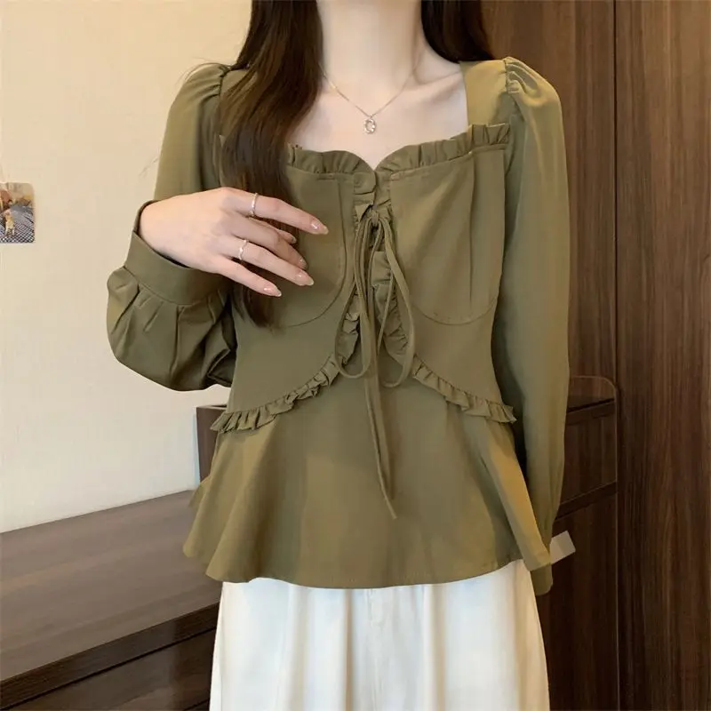 

Solid T-Shirts Pleated Lady Casual Korean Temperament Sweet Square Collar Long Sleeve Women's Clothing