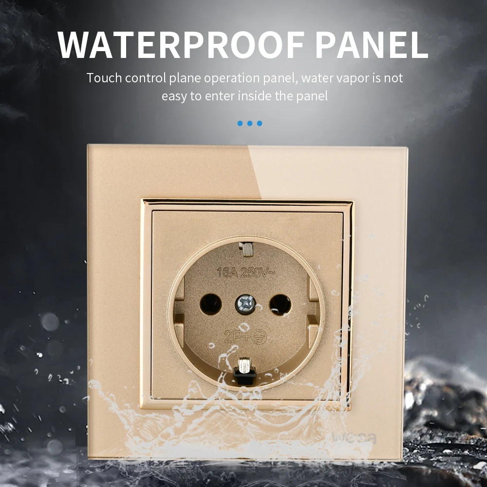 WESA Crystal Tempered Glass Panel Golden Socket Wall Embed Plug Power Socket EU Electrical Outlett With Ground Flame Retardant