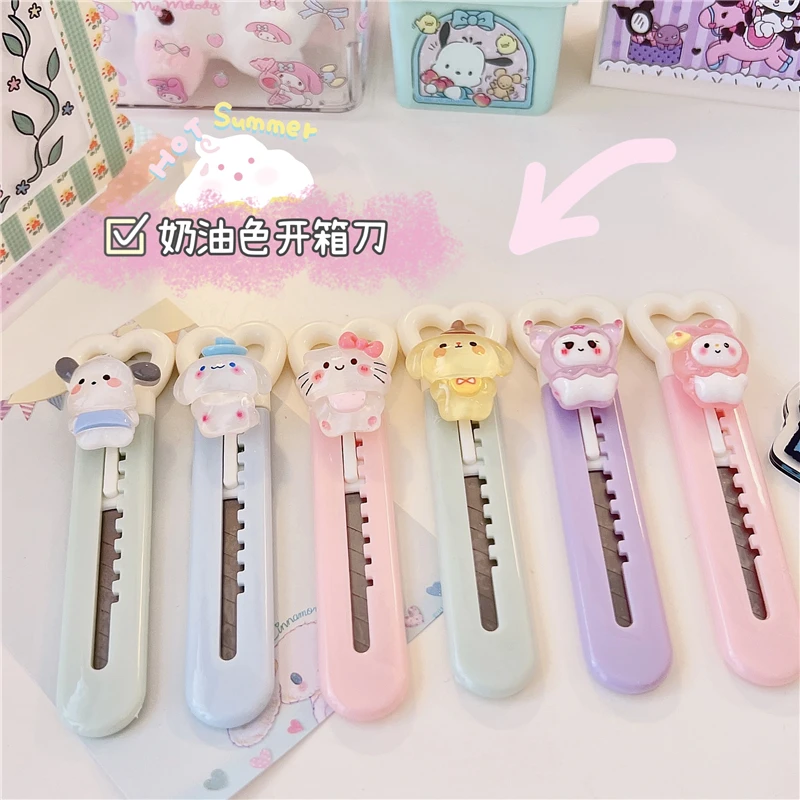 Kawaii Kuromi My Melody Cinnamoroll Pvc Macaron Unboxing Utility Knife Sanrioed Anime Girl Heart Cute Student Paper Knife