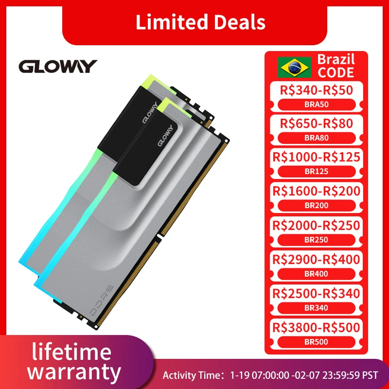 Gloway DDR5 16 ГБ 32 ГБ 6000 МГц 6400 МГц Настольные компьютеры Memoria Ram 16 ГБx2 32 ГБ RGB Комплект памяти UDIMM для компьютера ПК Ram DDR5 Чипы Hynix