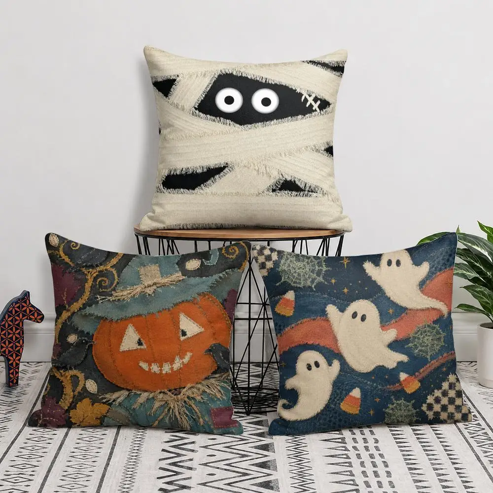 Vintage Halloween Quilt Patchwork Cushion Cover Short Plush Soft Double-Sided Printing Pillow Case Cozy Sofa Bedroom Home Decor