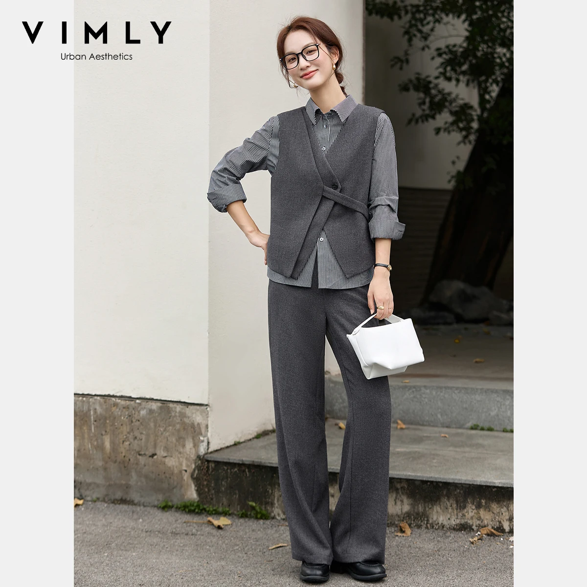 

VIMLY 3 Piece Pant Suit Set Women 2025 Fall Grey Office Wear V-neck Lace-up Vest Striped Shirts Long Pants Ladies Pant Set A3327