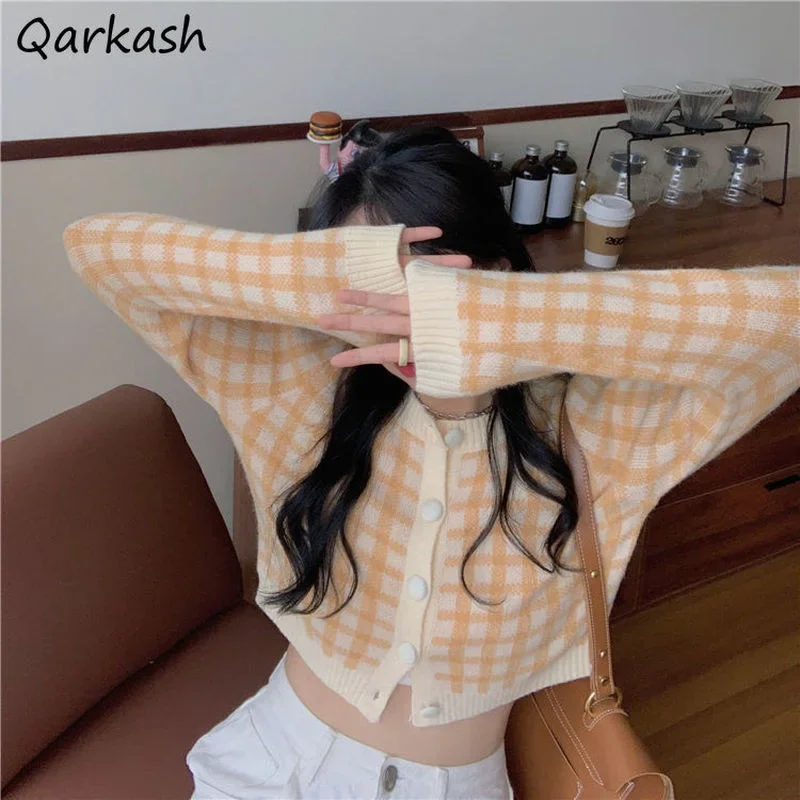 

Jackets Women Long Sleeve Plaids Simple Elegant Girls O-neck Crop Single Breasted Trendy Retro Outerwear Female Sweet 4-colors
