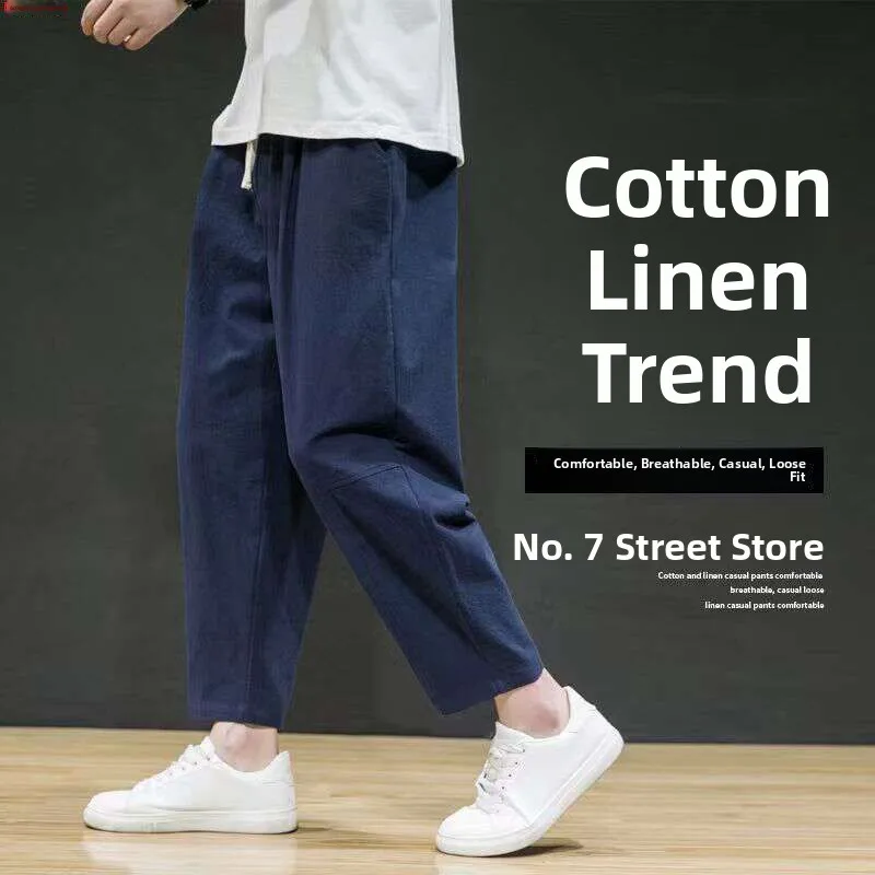 

Men's Summer Cotton Linen Loose Fit Thin Casual Sports Pants High Waist Straight Leg Nine-Tenths Length Faionable All-Match