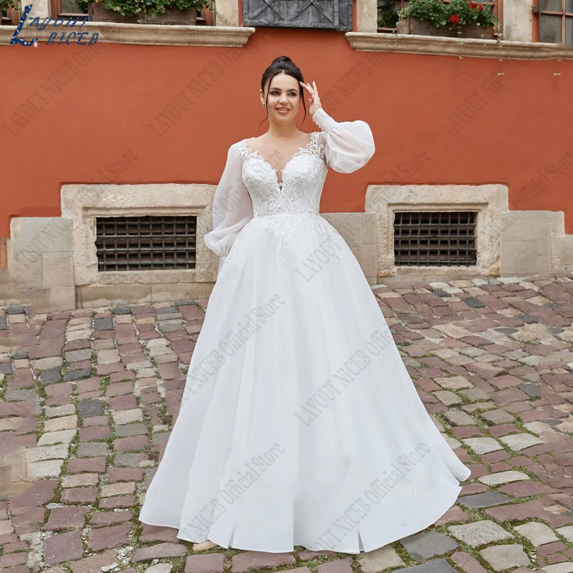 LAYOUT NICEB Puff Sleeves Elegant Wedding Dress Woman Plus Size Scoop Neck Robe De Mariée Applique A-Line Lace Up Bride GownLAYOUT NICEB Puff Rękawy Elegancka Suknia Ślubna Kobieta Plus Rozmiar Dekolt Robe De Mariée Ap