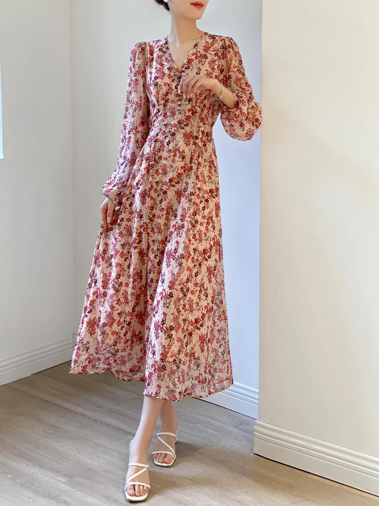 

Romantic Gentle Korean Sle V-Ne Floral Print Slimming Acetate Dr Spring New Arrival Women's Faion High Waist Gown