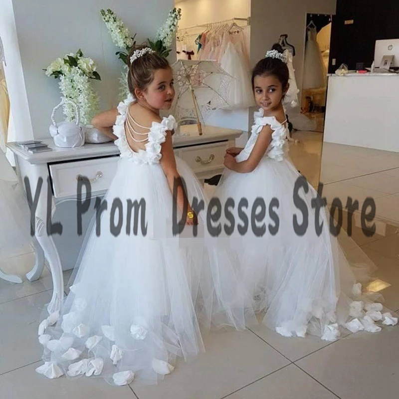 Yl simples flor menina vestido 3d apliques tule varredura trem primeiro comunhão vestidos elegante branco inchado rendas bebê pageant vestidos