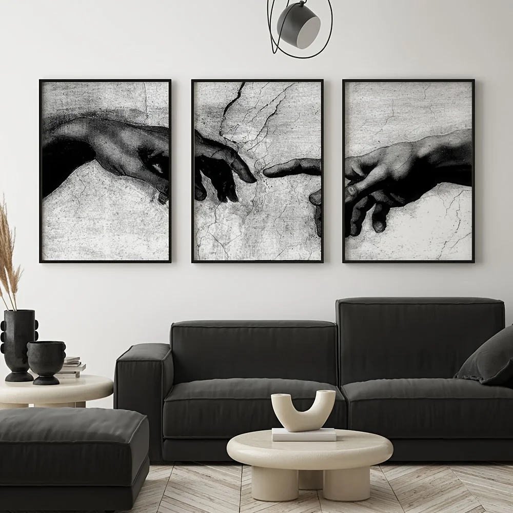 3pcs Unframed Vintage Black and White Hand of God Religious Retro Canvas Wall Art Modern Poster Bedroom Decor Holiday Gift
