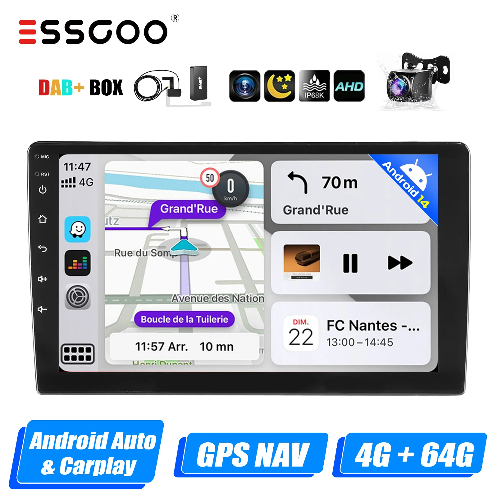 ESSGOO 7 "/9"/10 "2 DIN Android 14 4 + 64G Autoradio Carplay Android Auto GPS SAT Navi Bluetooth FM RDS Radio WIFI Touchscreen
