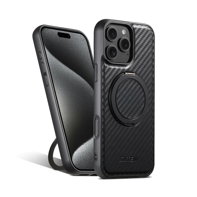 

For iPhone 12 13 14 15 16 Pro Max Magnetic Case ELVEV Carbon Fiber Pattern PU Leather Rotating Ring Stand Phone Cover