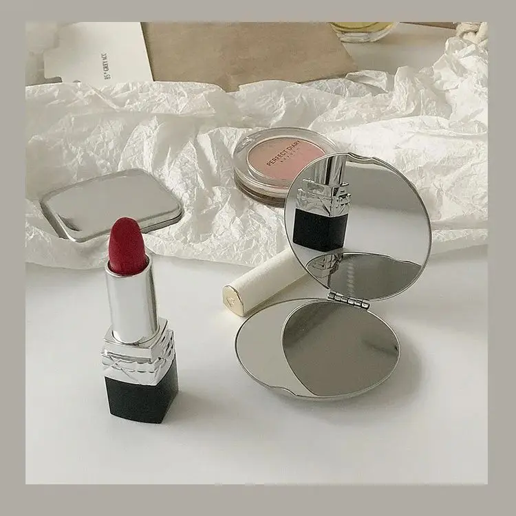 Ins Simple Sliver Stainless Steel Makeup Mirror Handheld Pocket Folding Double Side Mirror Cosmetics Make Up Mirror Small Mirror
