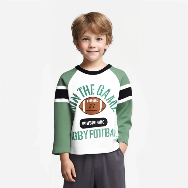 2025 Children's Clothing Autumn New Boys Bottoming Shirt Letters Rugby Print Cotton Kids T-shirt Baby Long Sleeve Tops Tees