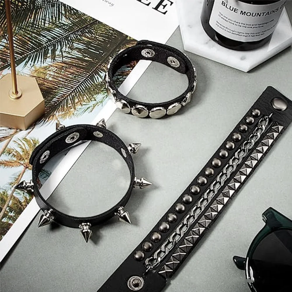 Bracelets gothiques en cuir PU pour hommes et femmes, bracelets noirs Emo Boho, punk, Spike RiSALE, bijoux de fête, cadeau, nouveau, ensemble de 3
