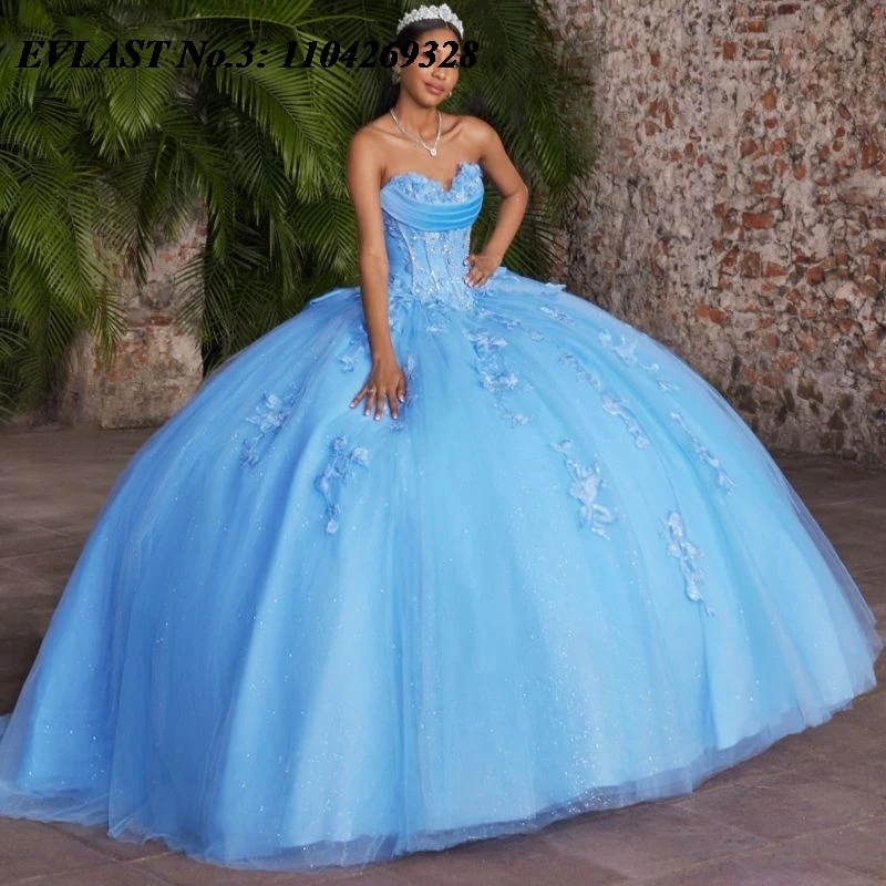

EVLAST блестящее небесно-голубое платье Quinceanera по индивидуальному заказу, бальное платье с цветочной аппликацией и бантом из бисера, Sweet 16, Vestidos 15 De Anos E3Q888