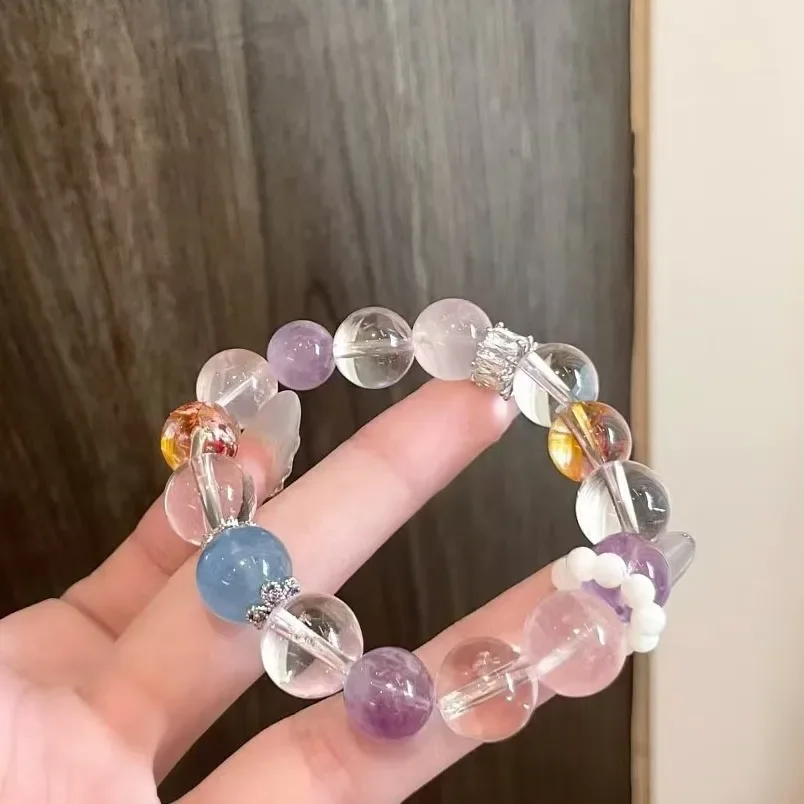 

Original natural powder crystal aquamarine amethyst bracelet Duobao bracelet simple niche design