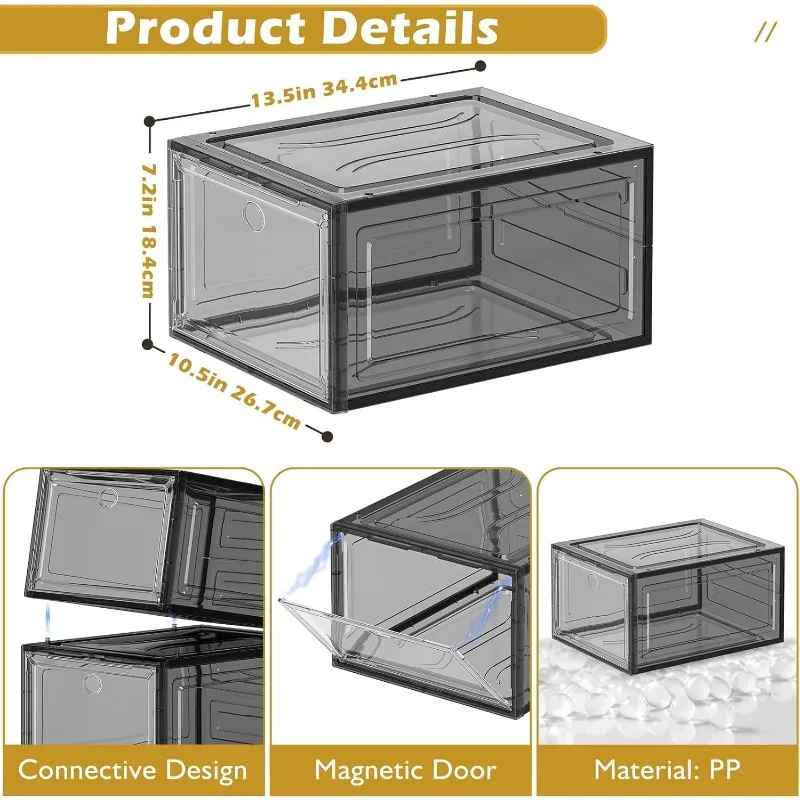 Large Clear Shoe Boxes Organizer【Thicker Material】Stronger Shoe Box with Magnetic Door, Stackable Shoe Storage Box