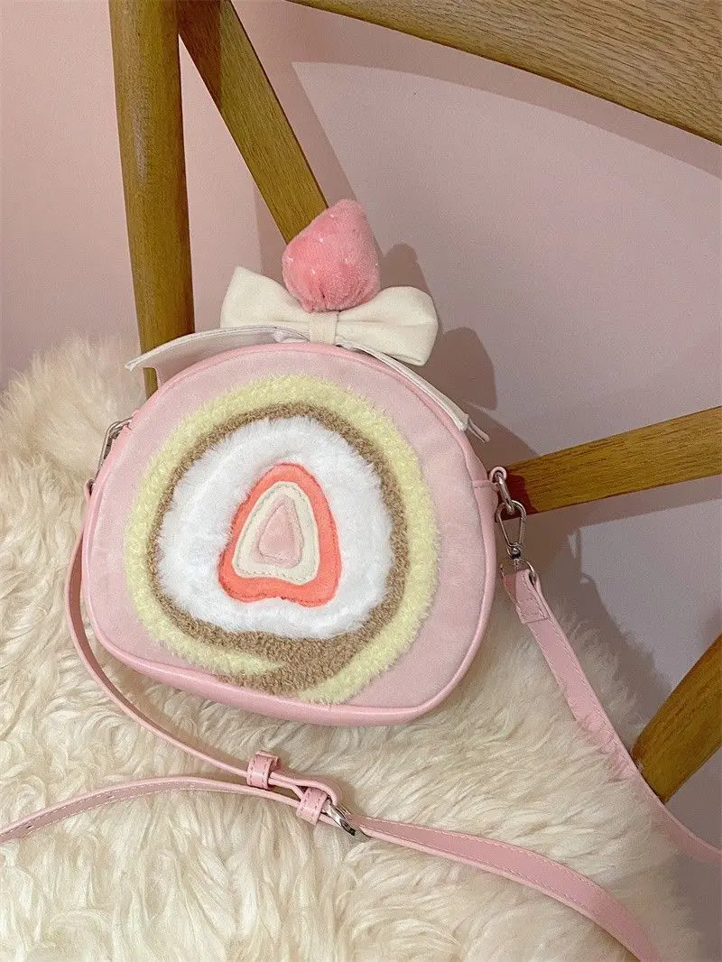 Japanese Plush Strawberry Egg Roll Women's Crossbody Bags Lolita Bag Sweet Cute Backpack Girl Large Capacity Bow Backpack female