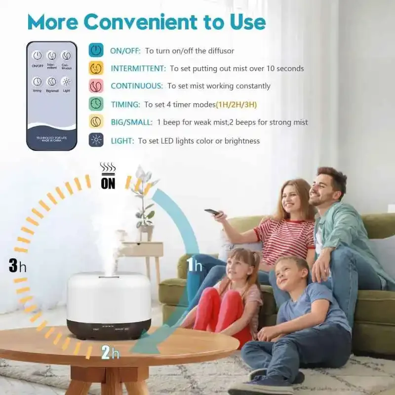 아로마 디퓨저 우드 그레인 컬러 에센셜 오일 아로마 테라피 가습기, 홈 오피스용 리모컨 포함, 5