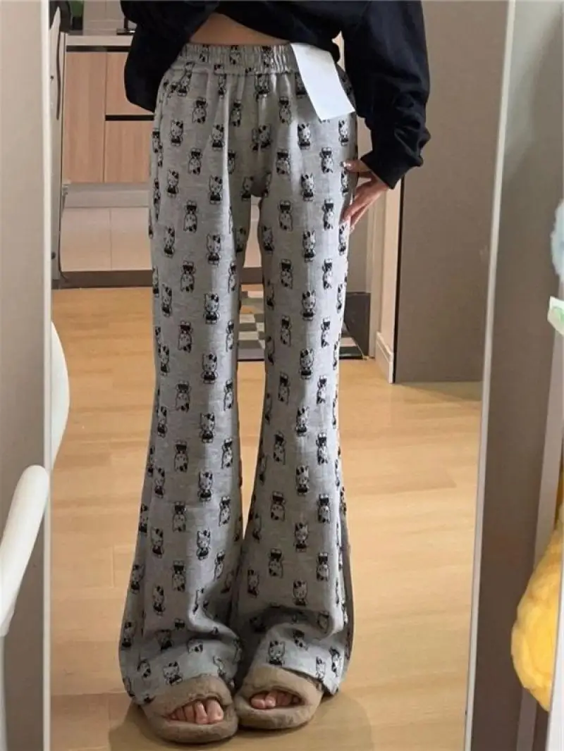 

Kawaii Sanrioed Hello Kitty Spring and Autumn Trousers Grey Cartoon Loose High Waist Casual Pants Micro-Legged Pants