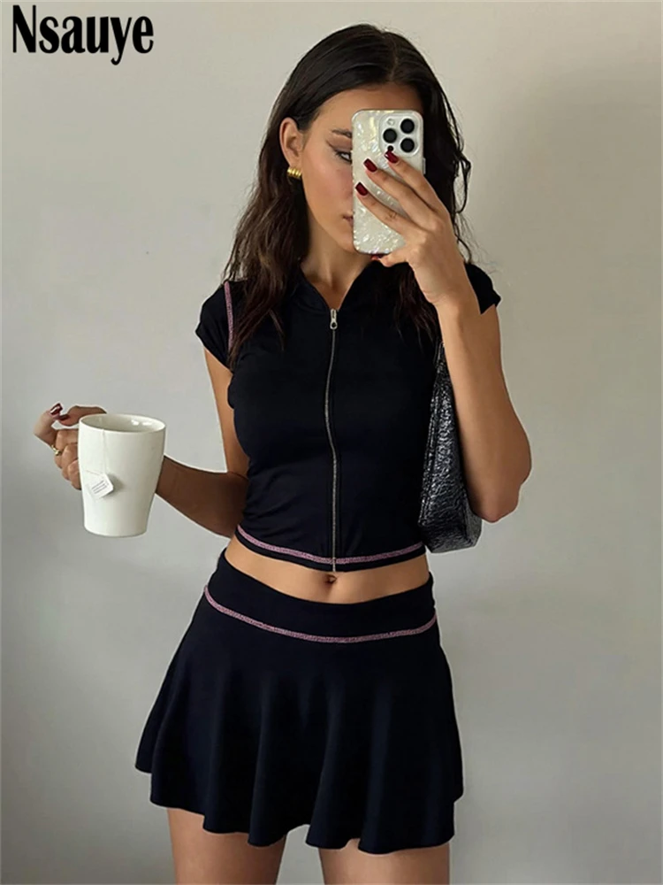 

Nsauye Short Sleeve Mini Skinny Y2K Cardigans T Shirt Crop Tops Women Pleated Skirt Sexy New In Matching Two Piece Set Summer