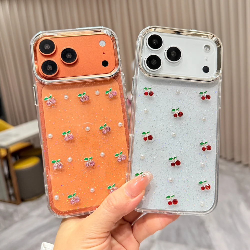 3D Glitter Cherry Pearl Transparent Phone Case For iPhone 17 Air 16 Pro Max Plus Bling Epoxy Shockproof Clear Protective Cover
