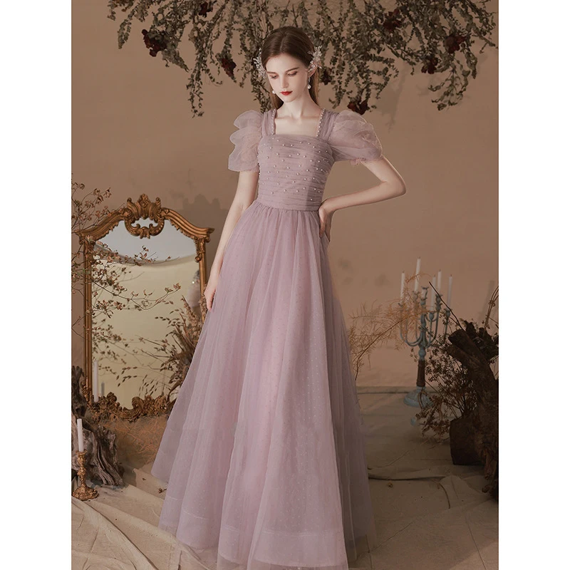 Pink Bridesmaid Dresses Elegant Dress Women For Wedding Party Puff Sleeve Pearls Beading Party Gowns Female Formal Dress