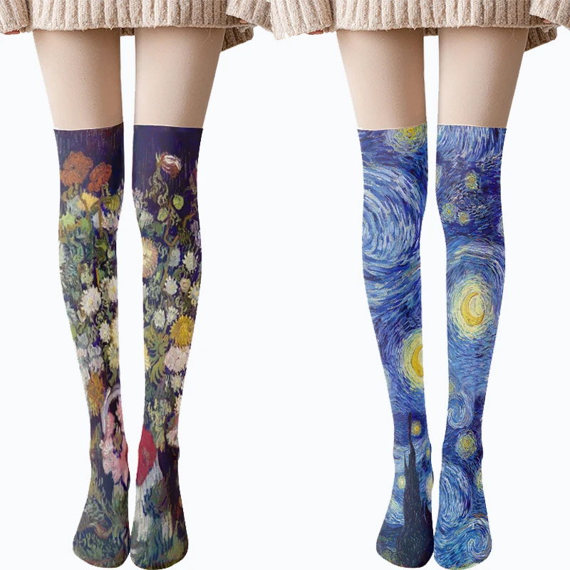 

Van Gogh retro oil painting thigh stockings starry sky sunflower pattern novelty stockings fashion women's over-the-knee socks
