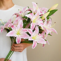 5 Heads Long Branch 3D Printing Lily Artificial Flowers White Pink Orange For Celebration Festival Room Decoration Wedding