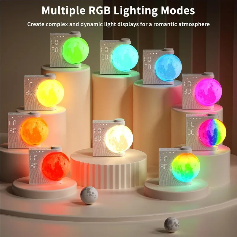 Moon Lamp 7 Color Atmosphere Wake Up Light Breathing Light 3 Level Dimmer Clock Alarm White Noise