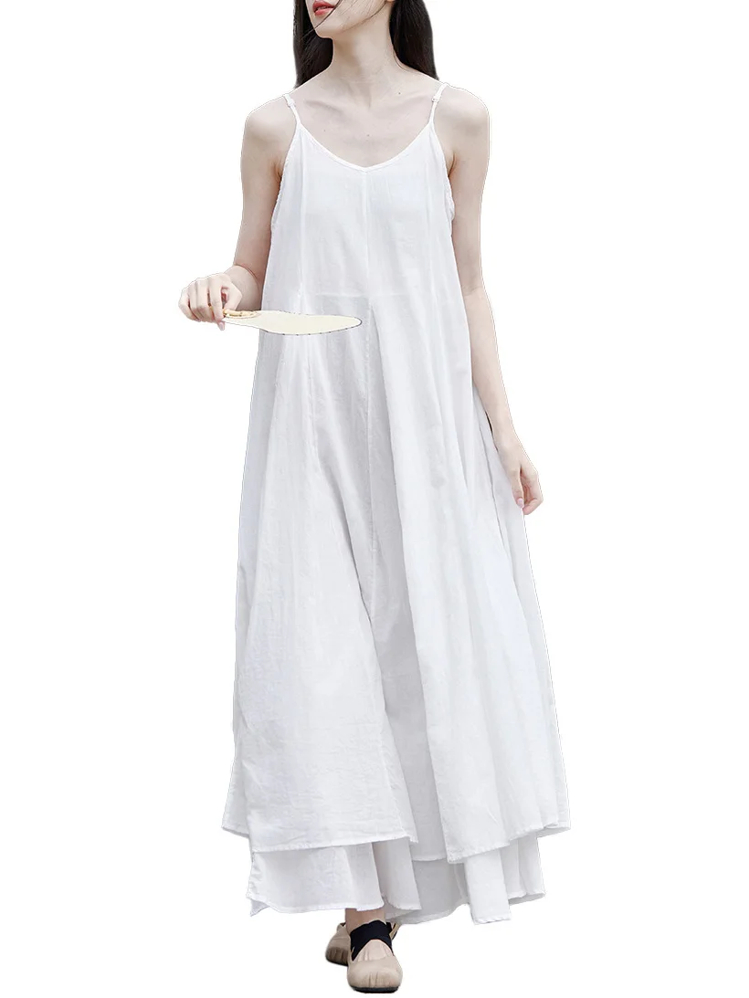 Long Cami Dress Women Flowing Full Length Spray Dyeing Cotton Strap Layered Dresses