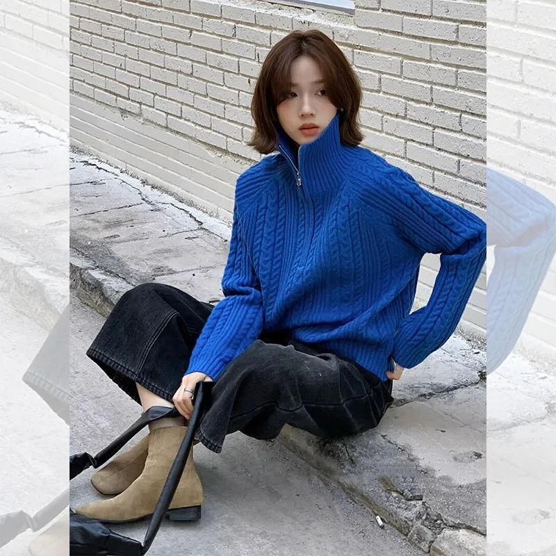 Klein blue half-zipper high-necked twist pullover cashmere sweater women wear knitted tops in autumn and winter.