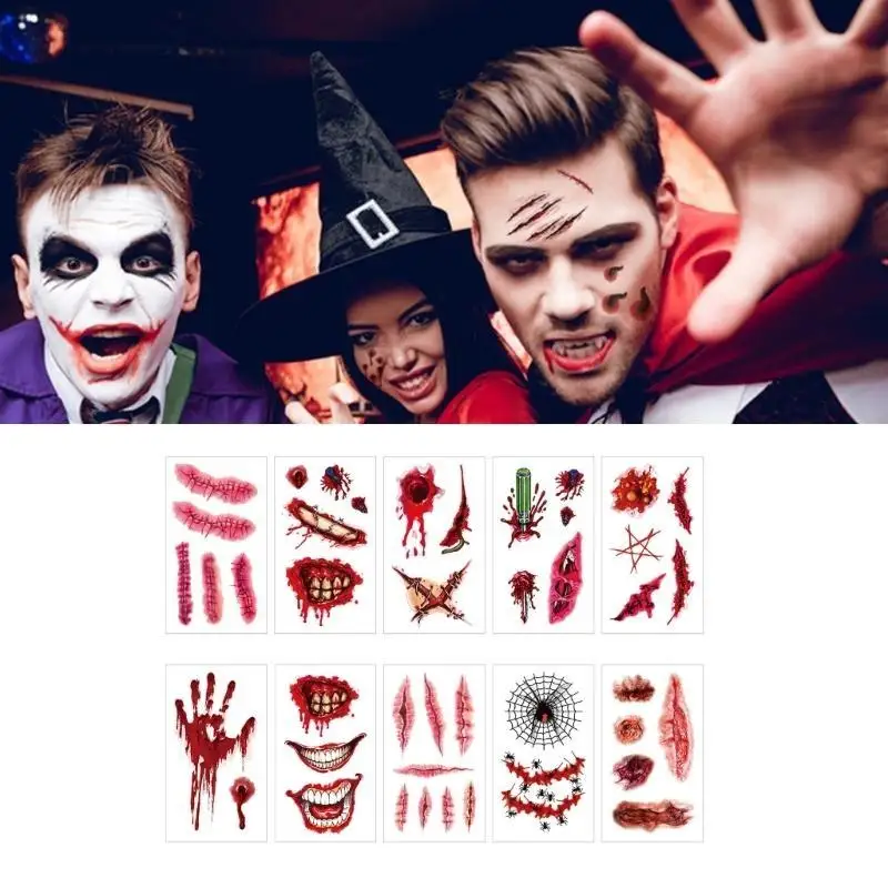 

652F Halloween Tattooing Stickers Halloween Face Temporary Fake Scars Tattooing Set