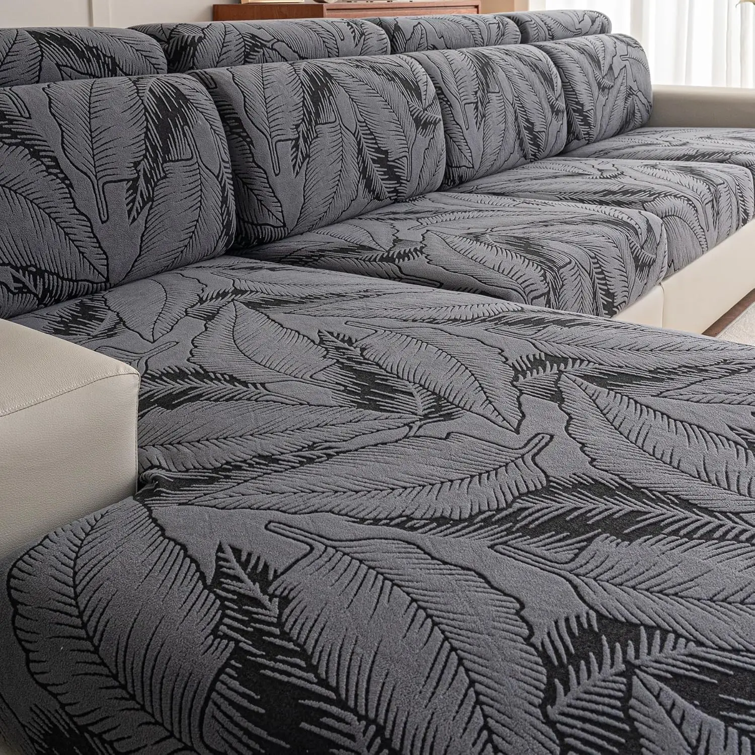 

Washable Sofa Cover for 3 Cushion Couch, Leaf Printed Sectional Slipcover, Pet Friendly L-Shaped Couch Protector