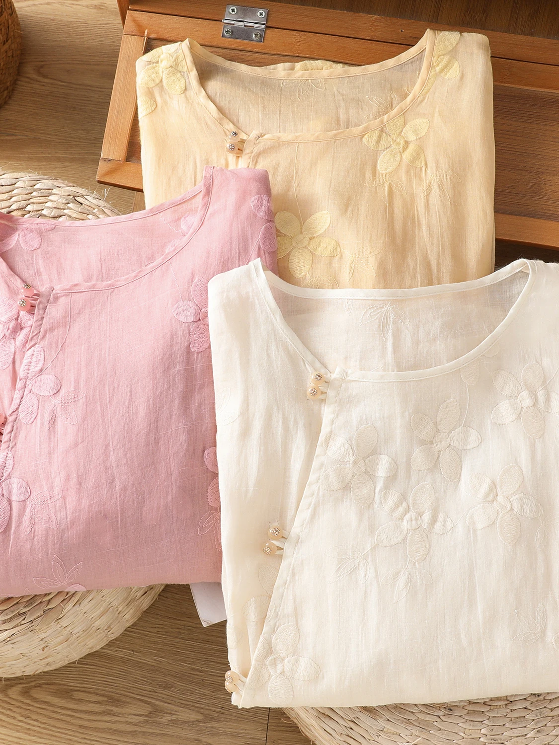 Top de verano de algodón redondo Ne Seven Sve para mujer, transpirable, bordado fino, irt, talla grande, cómodo, holgado, para ir al trabajo