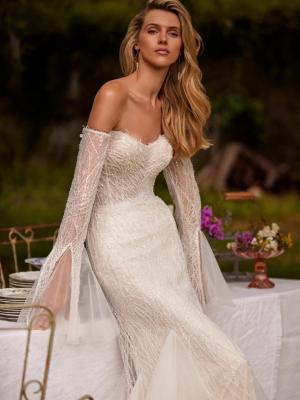 Graceful Off The Shoulder Bride Robe Sparkly Beads Sequins Bridal Gown Classic Mermaid Long Wedding Dress Robe De Mariée