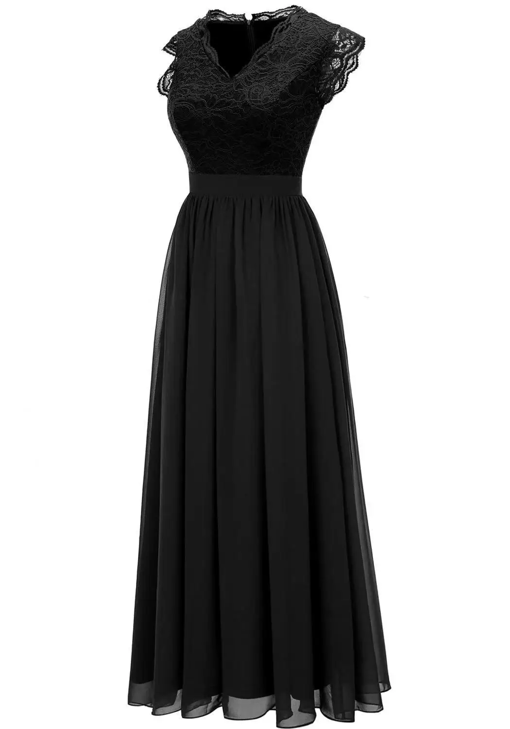 Sexy Hollow V-Neck Sleeveless Lace Splicing Chiffon High Low Two Layers Long Dress