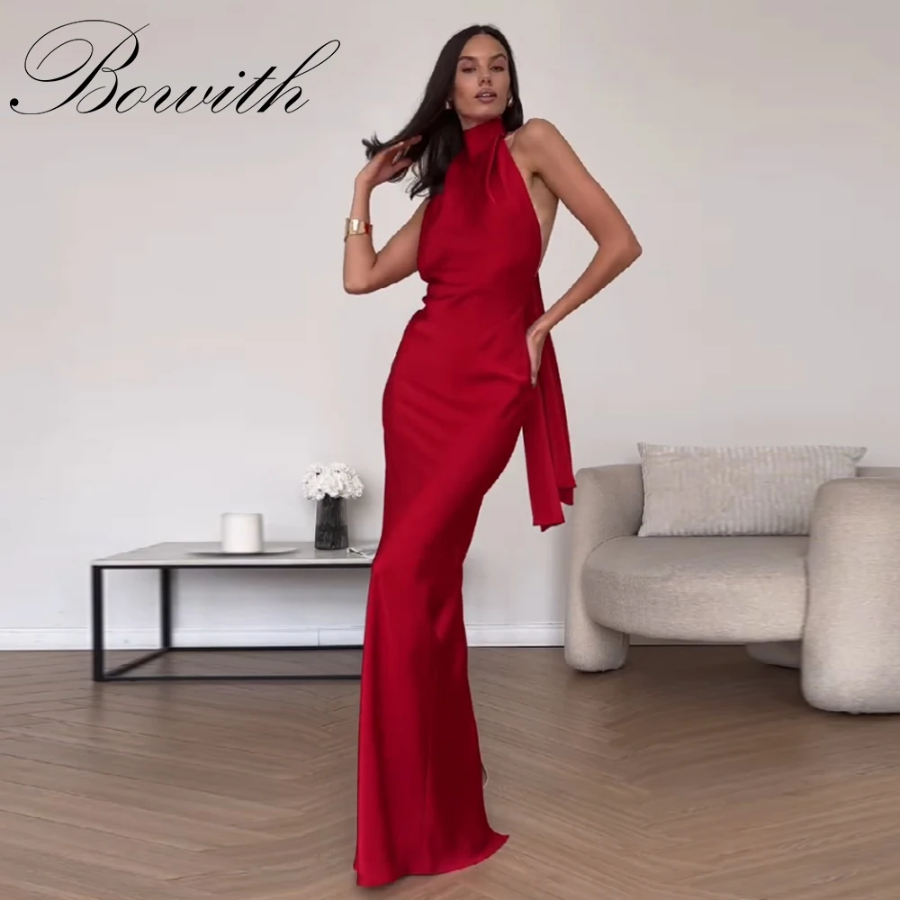 

Bowith Halter Backless Evening Dresses Sleeveless Sheath Sexy Floor Length Party Prom Gowns Customized Party Dresses