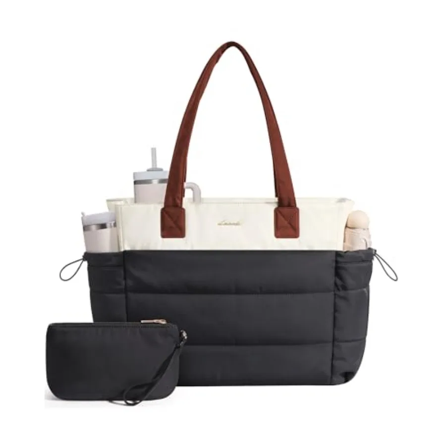 

LOVEVOOK Tote Bag for Women with Giant Tumbler Holder Pocket, Puffer Work Travel Laptop Handbag with Zipper for Nurse Teacher