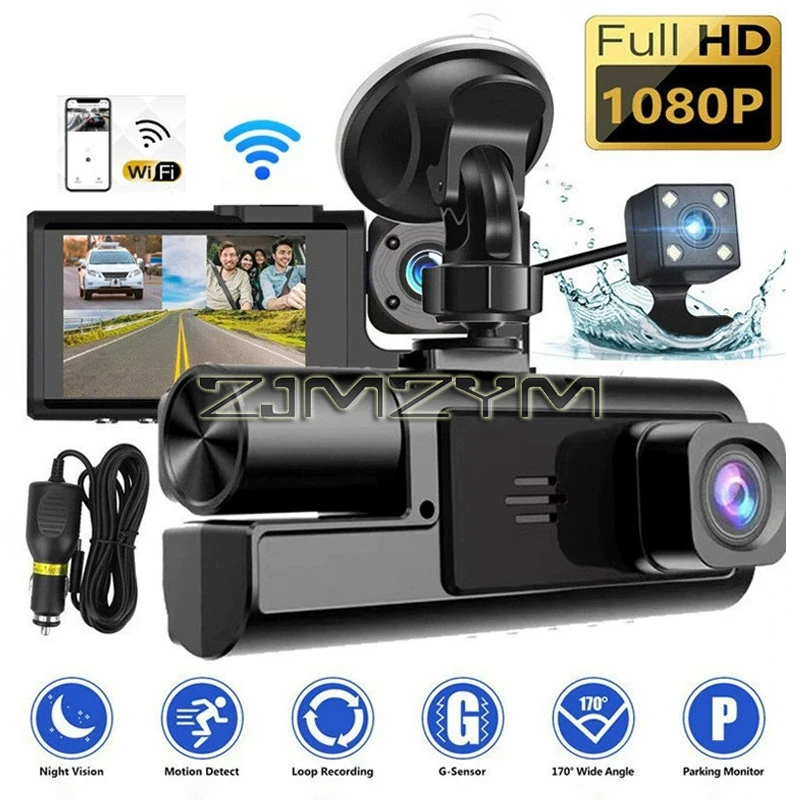 1080P Dual Three Lens Dash Cam, 480P Rearview, Loop Recording, 24-Hour Parking Monitoring with G-Sensor/Motion Detection