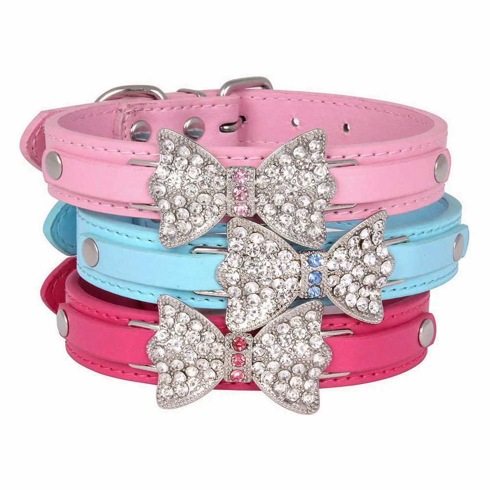 

Rhinestone Bowknot Dog Cat Collars Adjustable Size Kitten Collar For Puppy Necklace Pet Supplies perro Pink Blue Red chihuahua