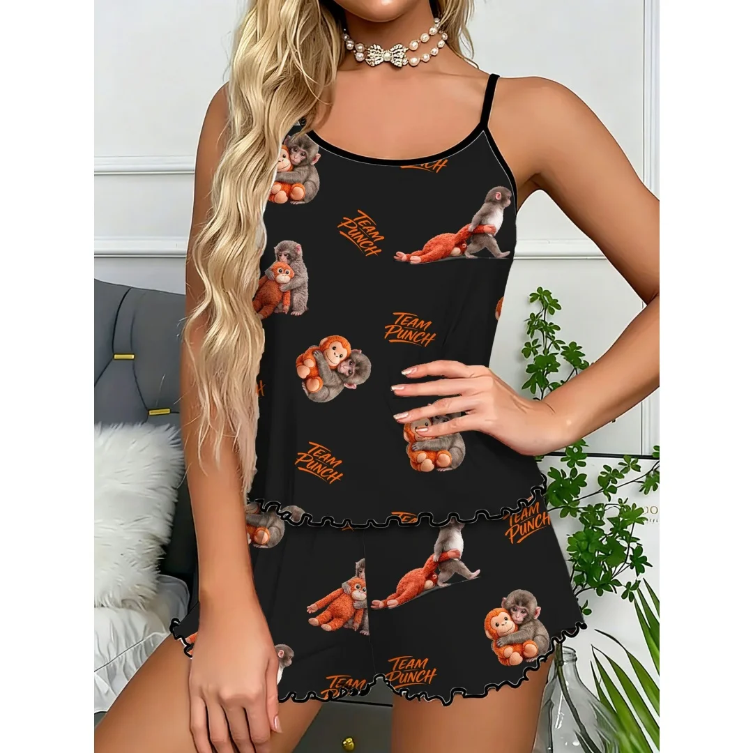 Cute Black Team Punch Monkey Printed Pajama Set Summer Home Wear Two-piece Sleeveless Halter Top Shorts Suit Pajamas for Women