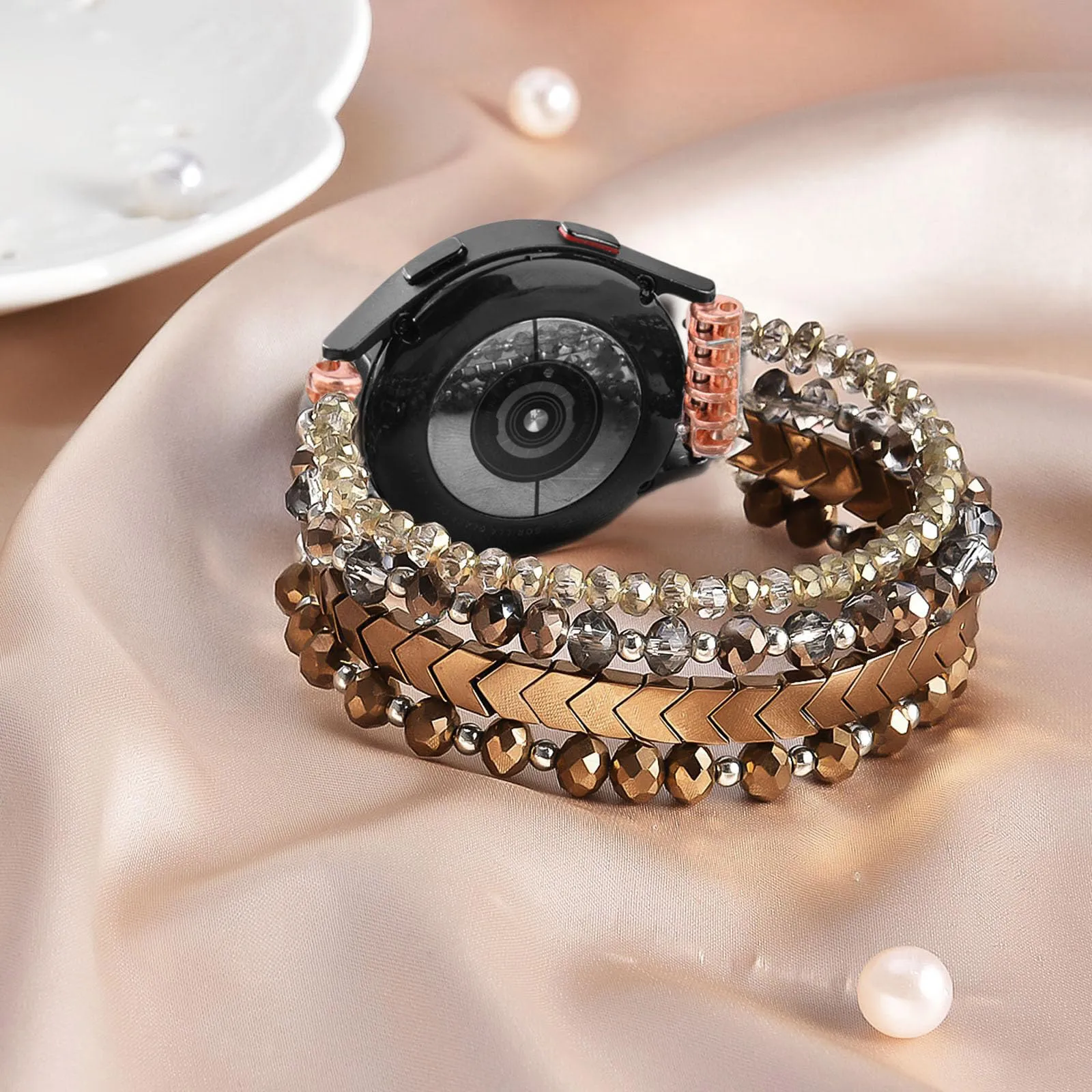 Für Samsung Galaxy Watch 6/5/4 40/44 mm Bänder/Active 2 Watch 4 42/46 mm Band Damen, 20 mm handgefertigte modische elastische Kristallperlen – Detail 5