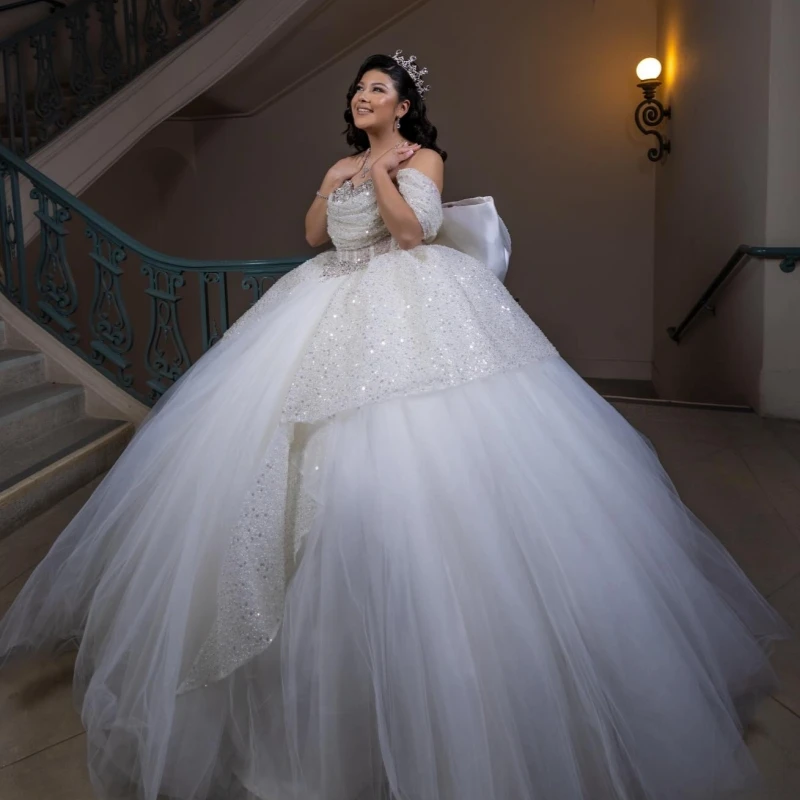 

White Shiny Quinceanera Dresses Ball Gown Off The Shoulder Beading Crystal Tull Corset Sweet 16 Dress Vestidos De 15 Anos