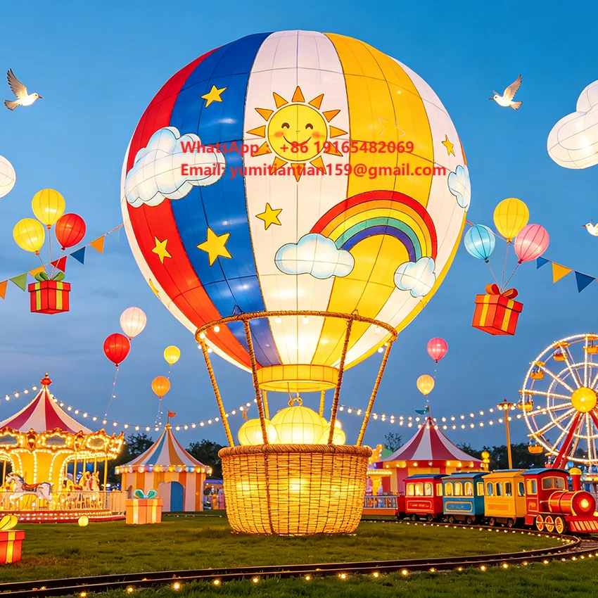 Custom Giant 3D Hot Air Balloon Silk Lantern Outdoor Carnival Theme Park Decor Colorful Festival Light Show Event Decoration