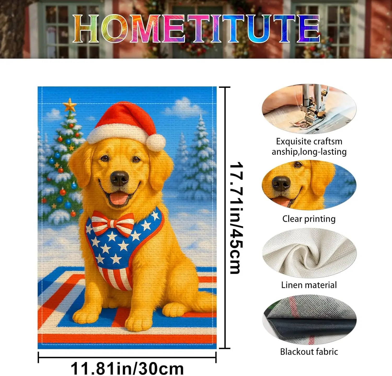 Merry Christmas Garden Flag 12x18 Inch Welcome Garden Flags Burlap Double-Sided Golden Retriever Santa Hat Patriotic Bow Sea PPM